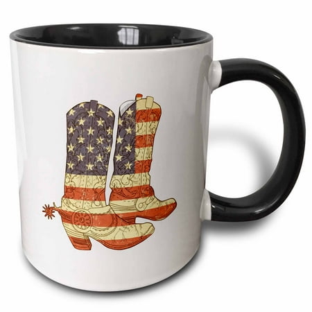 Cowboy Boot Mug - 3dRose USA Flag Cowboy Boots patriotic art - Two Tone Black Mug, 11-ounce