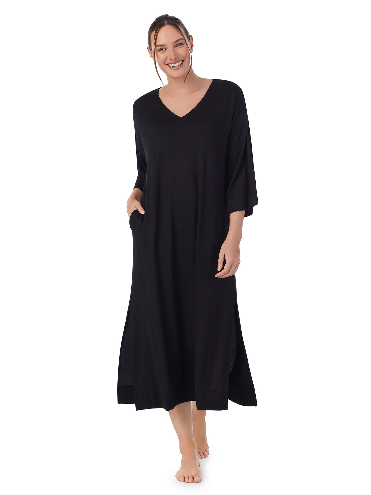 Aria Women's Sweater Knit 3/4 Sleeve V-Neck Lounger Nightgown with Pockets, Sizes XS to 5X