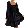 thumbnail image 3 of Women'S Square Neck Lantern Long Sleeve Ruffle Shirred Flowy Party Mini Dress Black XXL, 3 of 9