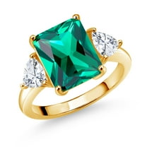 18K Yellow Gold Plated Silver Green Nano Emerald and White Moissanite 3 Stone Ring for Women (6.42 Cttw, Emerald Cut 12X10MM, Trillion 5X5MM, Gemstone May Birthstone, Available in Size 5,6,7,8,9)