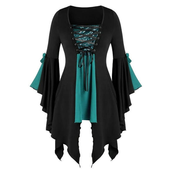 Womens Plus Size Clearance $5,Women Halloween Gothic Criss Cross Sequined Insert Butterfly Sleeve T-shirt Tops