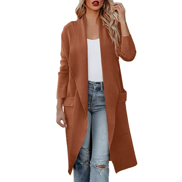 Manteau pour Femmes Automne Hiver Ample à devant Ouvert Pardessus Col Rond Trench Chaud Cardigan Mi-Long Couleur Unie Manteau Extérieur Mode Manches Longues Manteau Tricoté