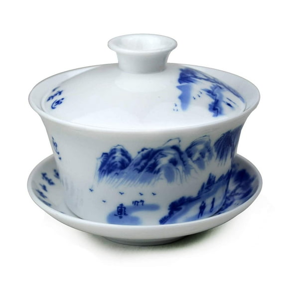 Porcelain Gaiwan 9oz Teacup Blue and White Glazed Tureen Chinese Sancai Cover Bowl Lip Cup Saucer Set Kits
