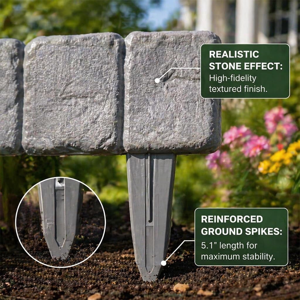 Imitation Stone Garden Fence Plastic,10PCS Retaining Edging Border Grey Cobbled Effect Landscape Decor Interlocking Decorative Panels Flower Bed Path Lawn Outdoor Picket Yard Grass Edge