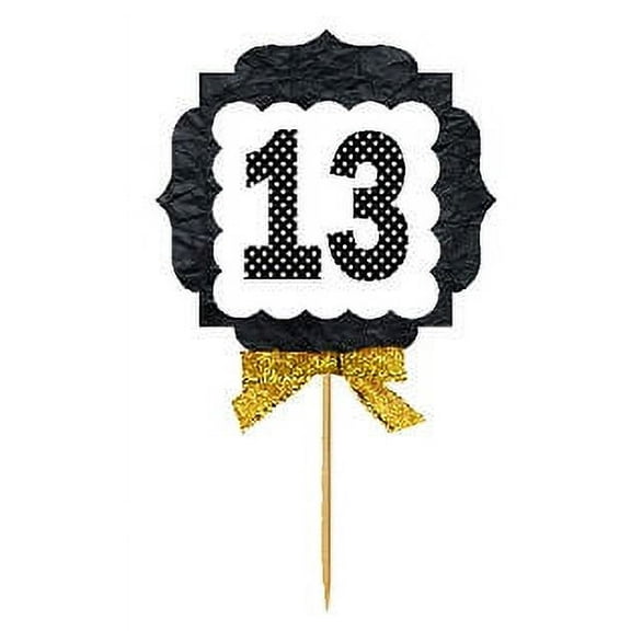 13th Birthday / Anniversary Gold Ribbon Hand Crafted Novelty Cupcake Decoration Toppers / Picks -12ct