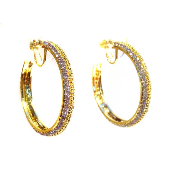 Clip-on Earrings Gold Tone Hoop Rhinestone Crystal Round Earrings Non Pierced 2 inch