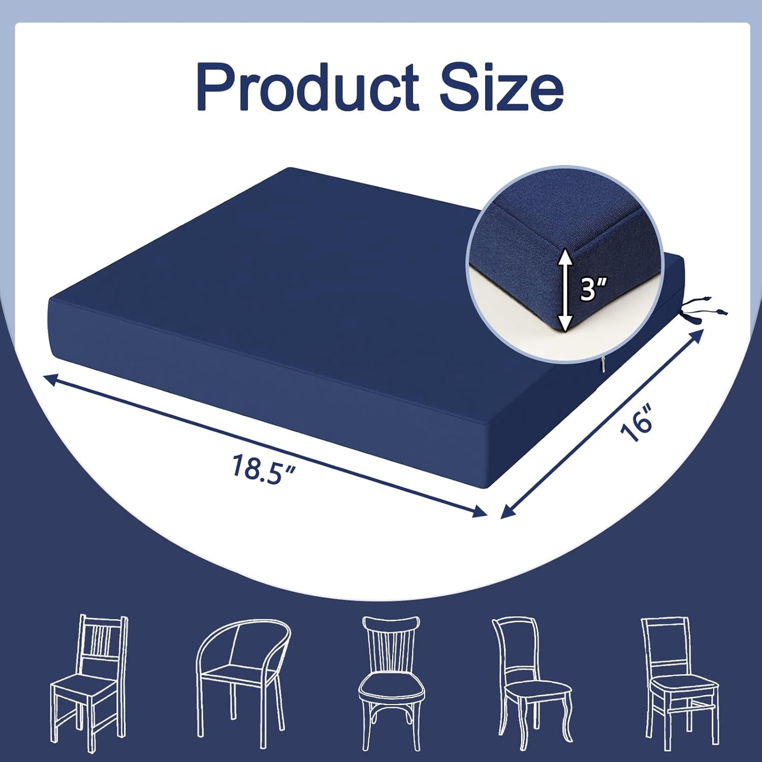 Outdoor Seat Pads Chair Cushions Pack of 2 Waterproof Patio Furniture Seat Cushions With Adjustable Straps for Patio,Garden,Living Room,18.5"x16"x3",Navy Blue