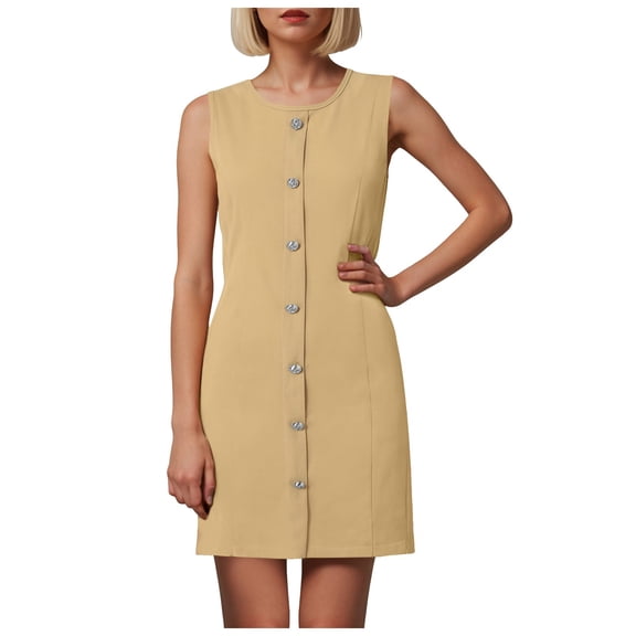 NIEWTR Womens Summer Dress Crew Neck Button Decoration Sleeveless Sundresses Work Casual Tank Dress(Brown,XL)
