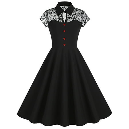 Women s Collared Vintage Long Dress Floral Lace Mesh Patchwork Short Sleeve Button Corset Tunic 50s Party Gowns (Medium  White)