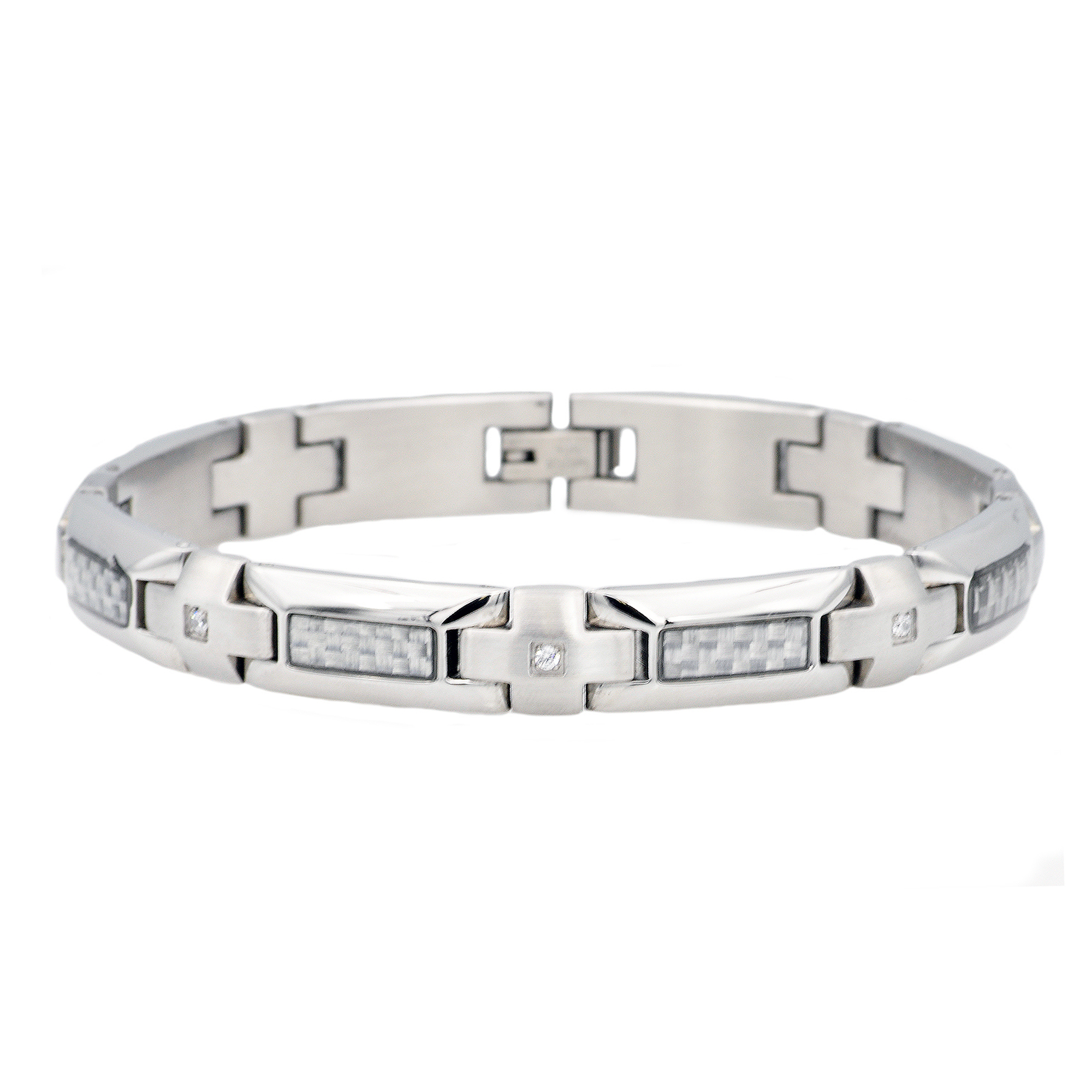 Arista Cubic Zirconia Diamonds Men's Bracelet Carbon Fiber Stainless Steel, 8.5"