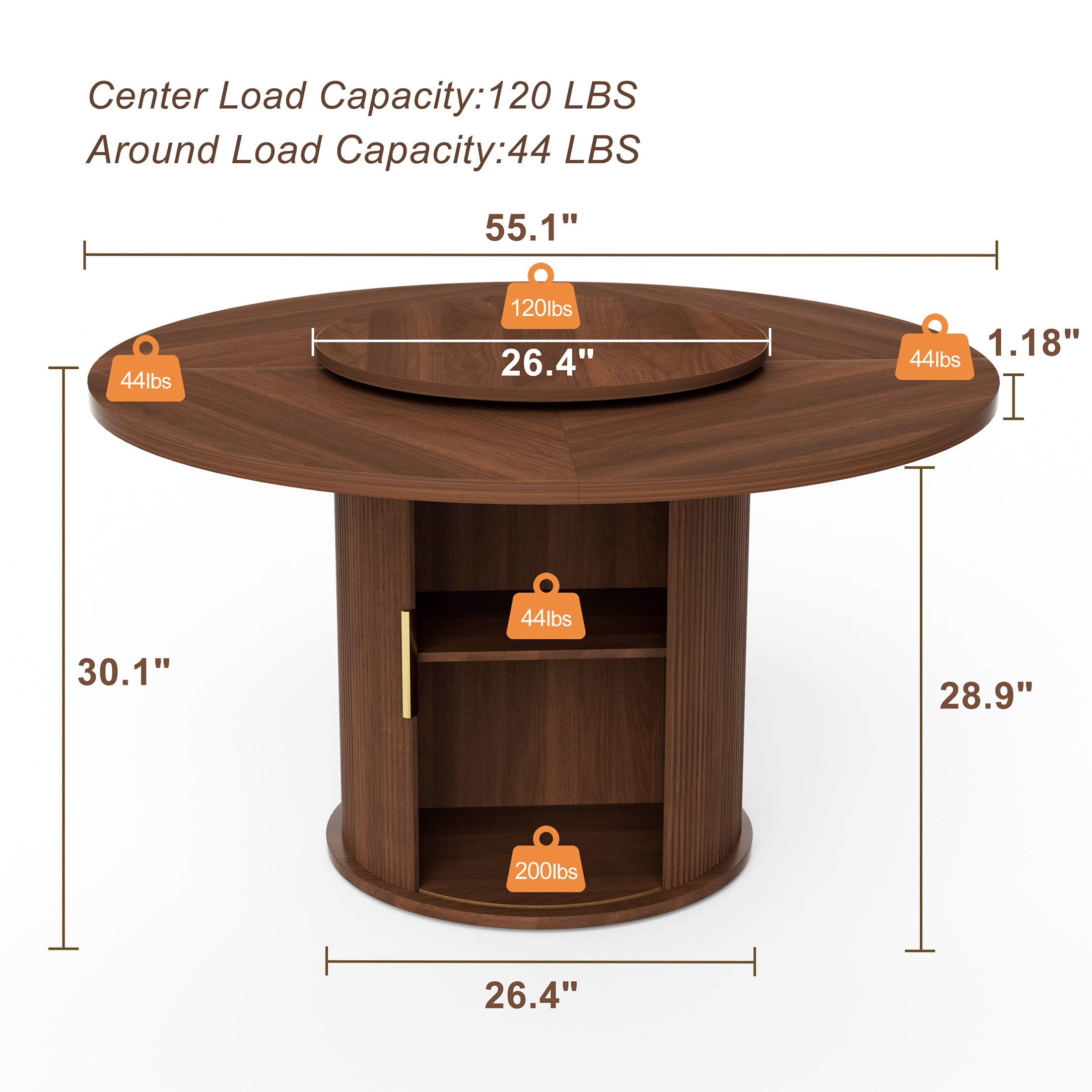 PORKISS Modern Round Dining Table, 55 Inch Circle Kitchen Tables for 6 with Double-tiered Storage Rack and Rotating Tabletop Tray, Wood Strip Base, Farmhouse Table for Kitchen, Dining Room, Walnut