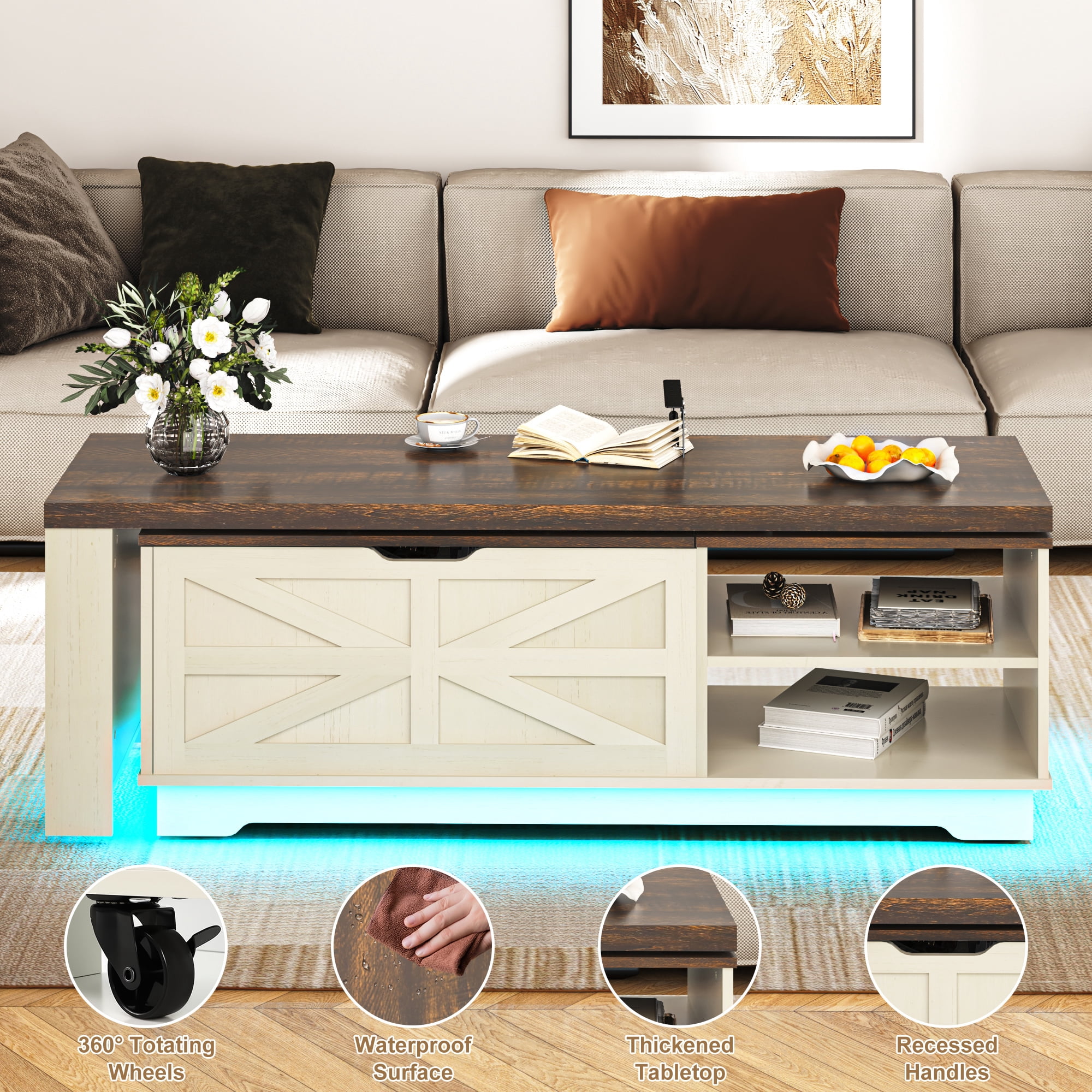 ANPOO 90°/180° Rotating Lift Top Coffee Table W/ LED Lights & Power Outlets, 57"-90" Extendable Farmhouse Coffee Table with Hidden Storage, L-Shaped Coffee Table for Living Room, Vintage White