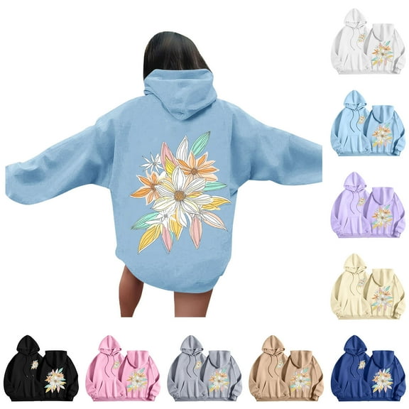 Wiicoznt Lightweight Hoodies for Women Round Neck Floral Printed Long Loose Comfy Regular Hoodies Fashion Sweatshirts for Women