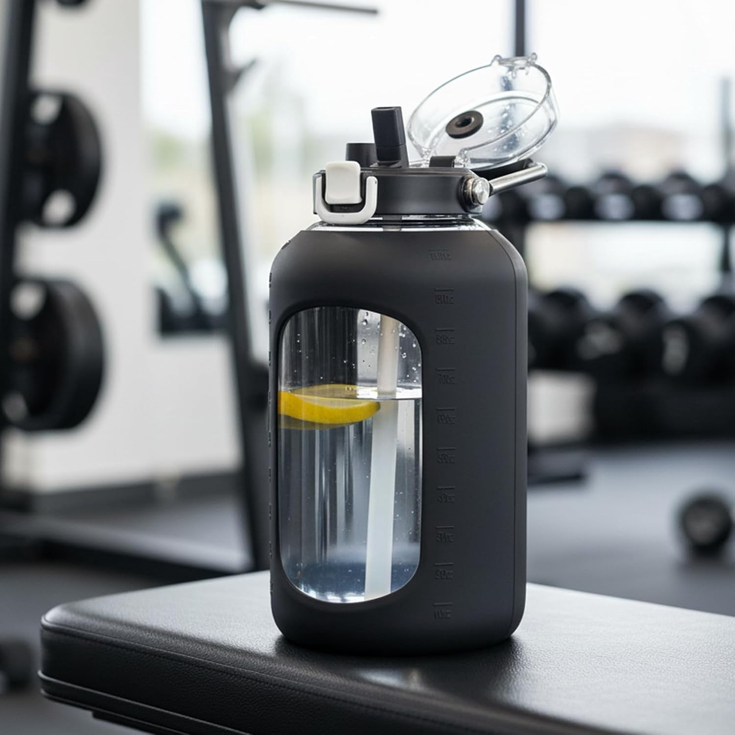 84oz Water Bottle Glass with Stainless Steel Handle Large 2.5l Water Bottle with Time Markers and Silicone Sleeve Half Gallon Water Jug BPA Free for Gym Daily Use