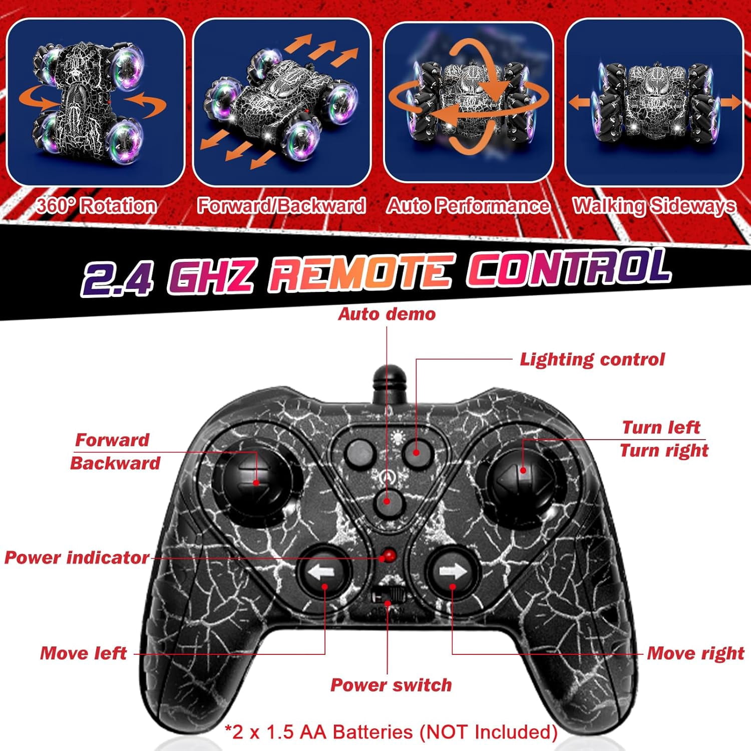 Gesture Control RC Stunt Car for Kids, 2.4GHz Hand Controlled Remote Control Car with 360° Rotation, Double-Sided Driving, LED Lights, Rechargeable Off Road Toy for Boys Ages 4 5 6 7 8 9 10 11 12