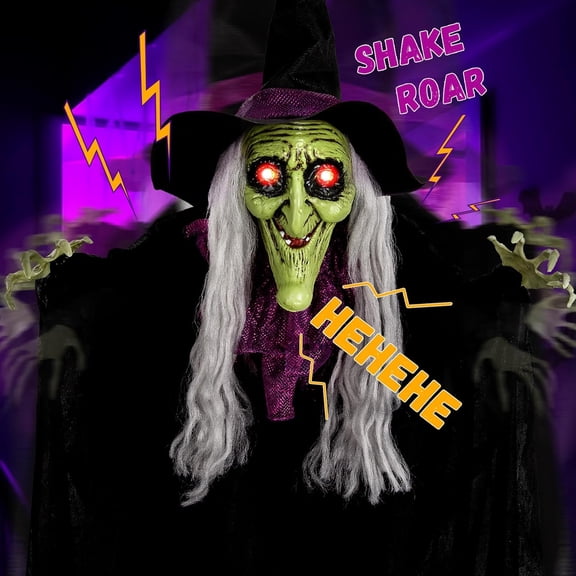 SINKOO 59" Halloween Witch Animatronics, Hanging Witch Decor with Sound Activated, Glowing Eyes, Spooky Sounds & Motion, for Halloween Outdoor Decor Lawn Party
