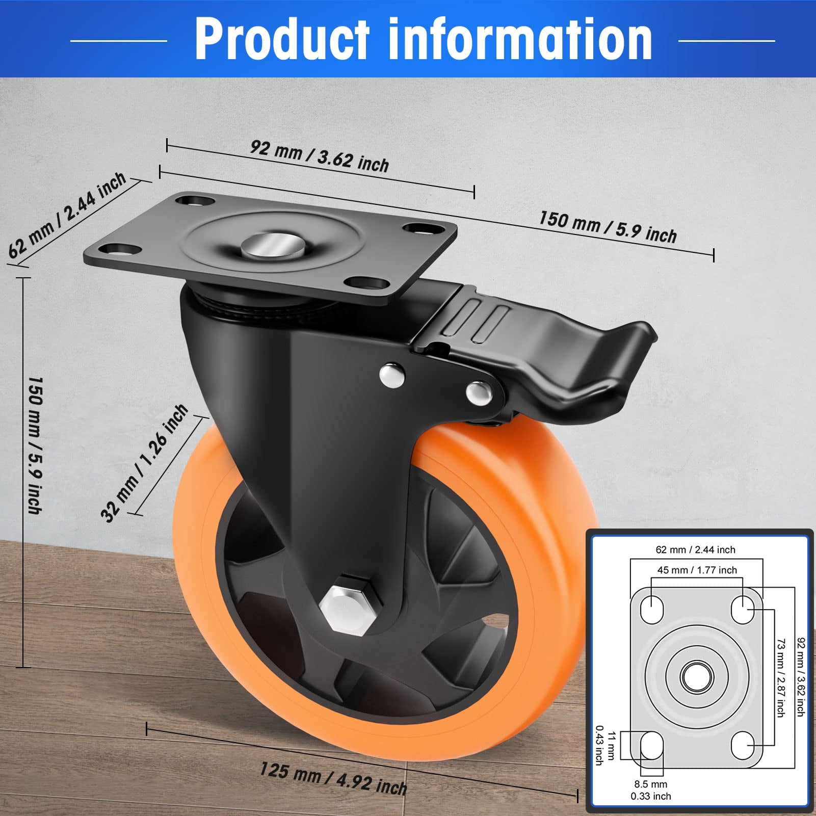 5" Caster Wheels Heavy Duty, ASHGOOB Casters Set of 4 - Non-Marking Orange Polyurethane Castors, Top Plate Swivel Wheels, Industrial Casters with Brake, Locking Casters for Furniture and Workbench