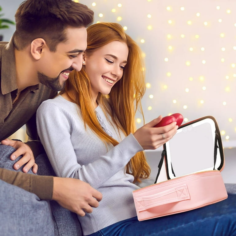 Large Travel Makeup Bag with Light Up Mirror DFITO Cosmetic Organizer Bag 3 Color Setting LED Lighted Mirror Women Train Case with Adjustable Dividers Detachable 10x Magnifying Mirror Pink Walmart