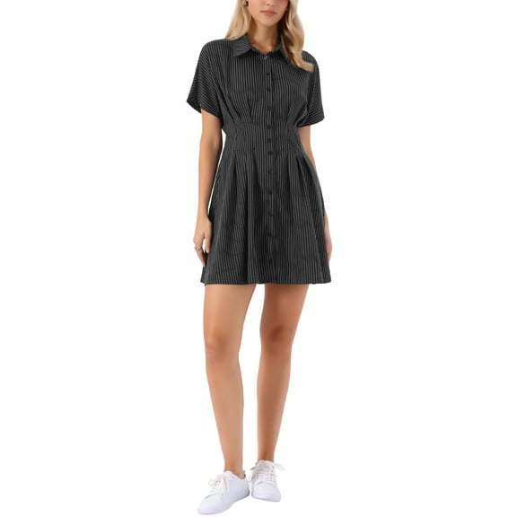 INSPIRE CHIC Striped Shirt Dress for Women's Button Down Short Sleeve Casual Pleated Blouse Mini Dresses XS Black