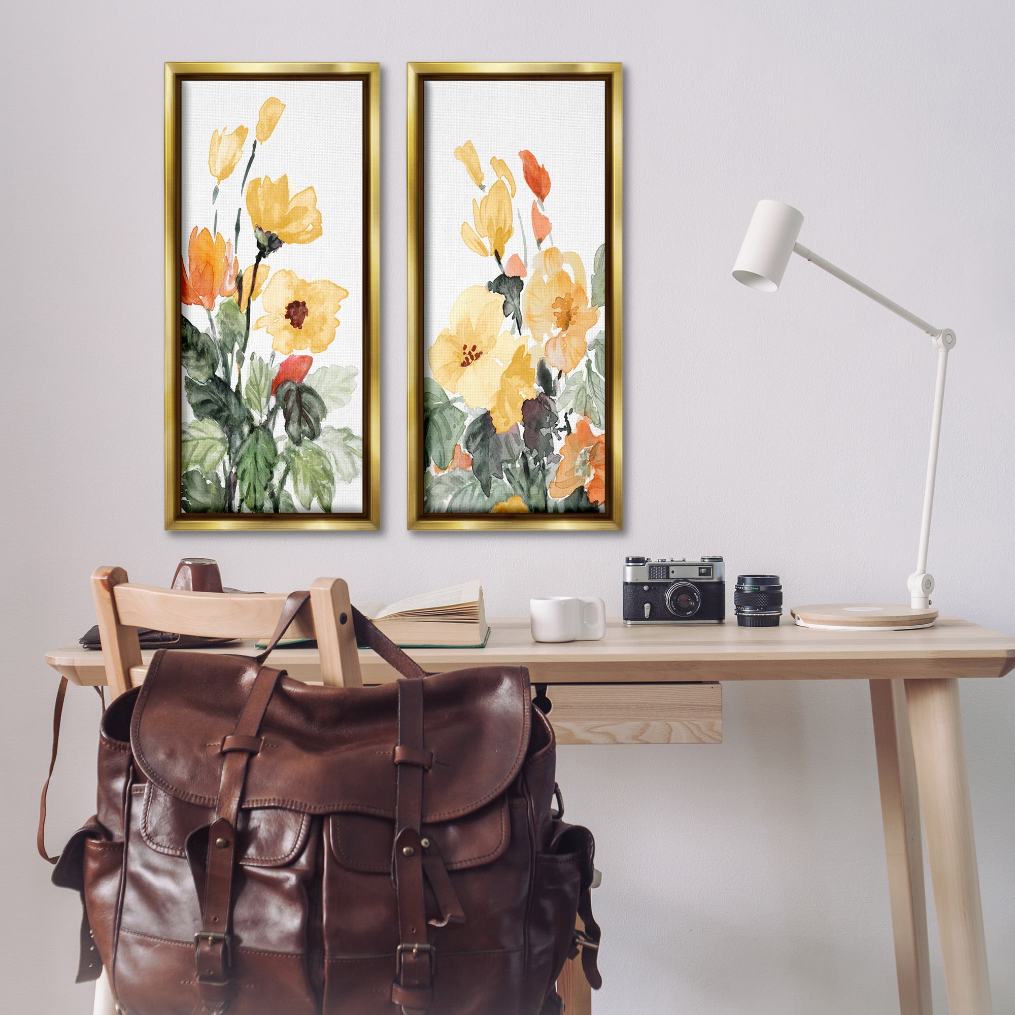 Stupell Industries Yellow Spring Flowers Botanical & Floral Painting Gold Floater Framed Canvas Art Print Wall Art, 15 x 31, Set of 2