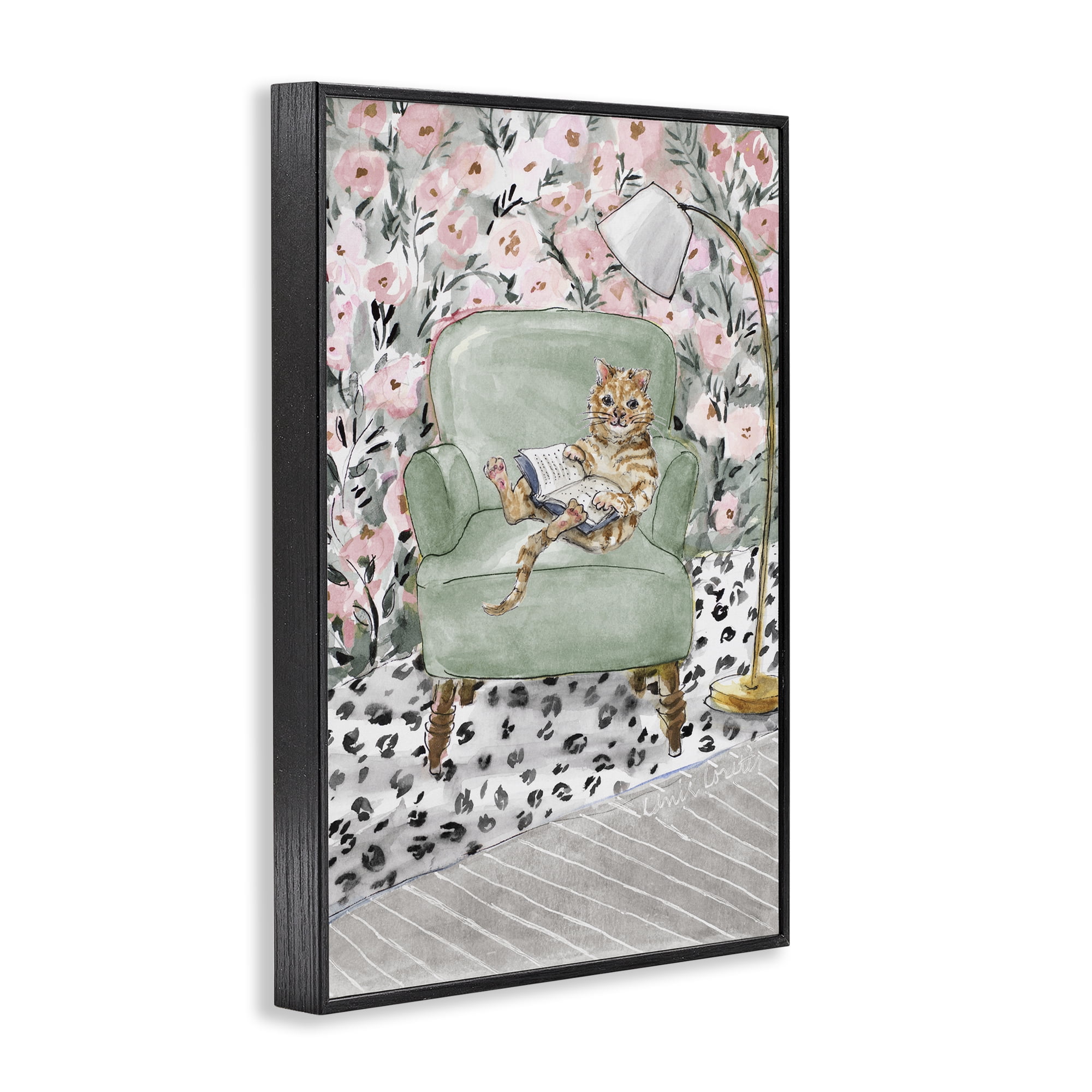 Stupell Industries Cozy Cat Reading Black Framed Giclee Art, design by Lanie Loreth