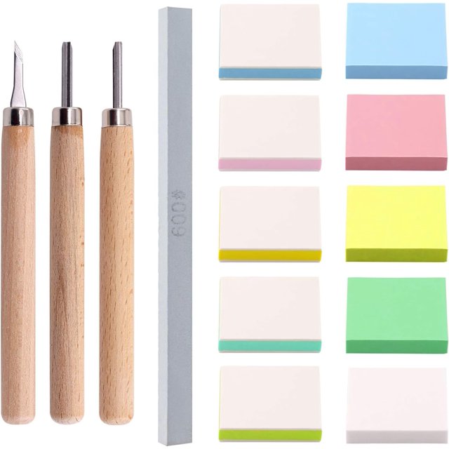 Swpeet 14Pcs 50mm Flat 2 Types Square Mixed Rubber Stamp Carving Blocks with 3Pcs Carving Knife Tools and Knife Polished Stone Kit, Double-Sided Removable Carving Block for Scrapbooking Postcards