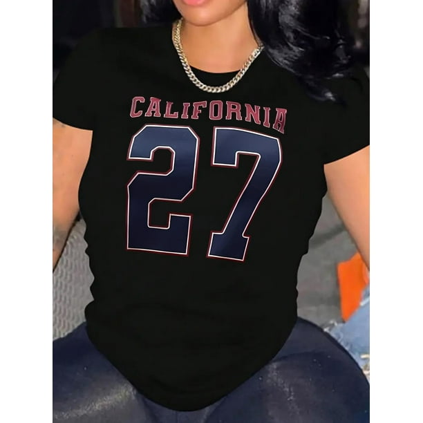 Women's California 27 Graphic Tee - Casual Crew Neck Short Sleeve T-Shirt, Stretchy Polyester Blend, White with Navy Blue & Red Number Print, Comfortable Summer Top for Casual Attire, Ladies T Shirts