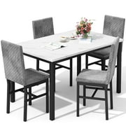 AWQM Dining table set for 4 with modern faux marble tabletop and 4 velvet upholstered chairs, compact space-saving dining table for apartments, kitchens, dining rooms, breakfast nooks, gray + white