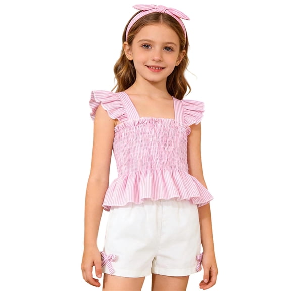 SGMVNU Girls Summer 2 Piece Outfits Sleeveless Smocked Tank Tops and Cute Bowknot Shorts and a Bow Hairband Size 2-3 Years, RD1