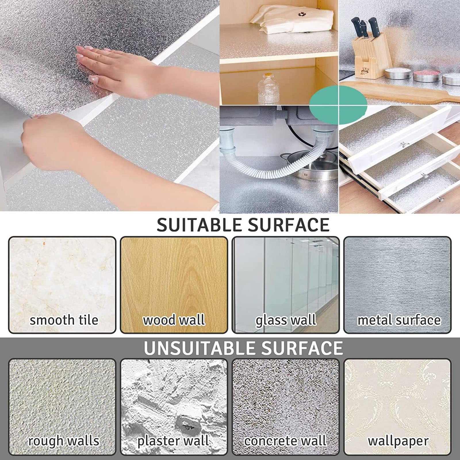 Peel and Stick Wallpaper, Waterproof Contact Paper for Kitchen Countertops Cabinets, Self-Adhesive Removable Aluminum Foil Sticker, Oil Proof Heat Resistant, Easy Clean (15.7"x394", Silver Texture)