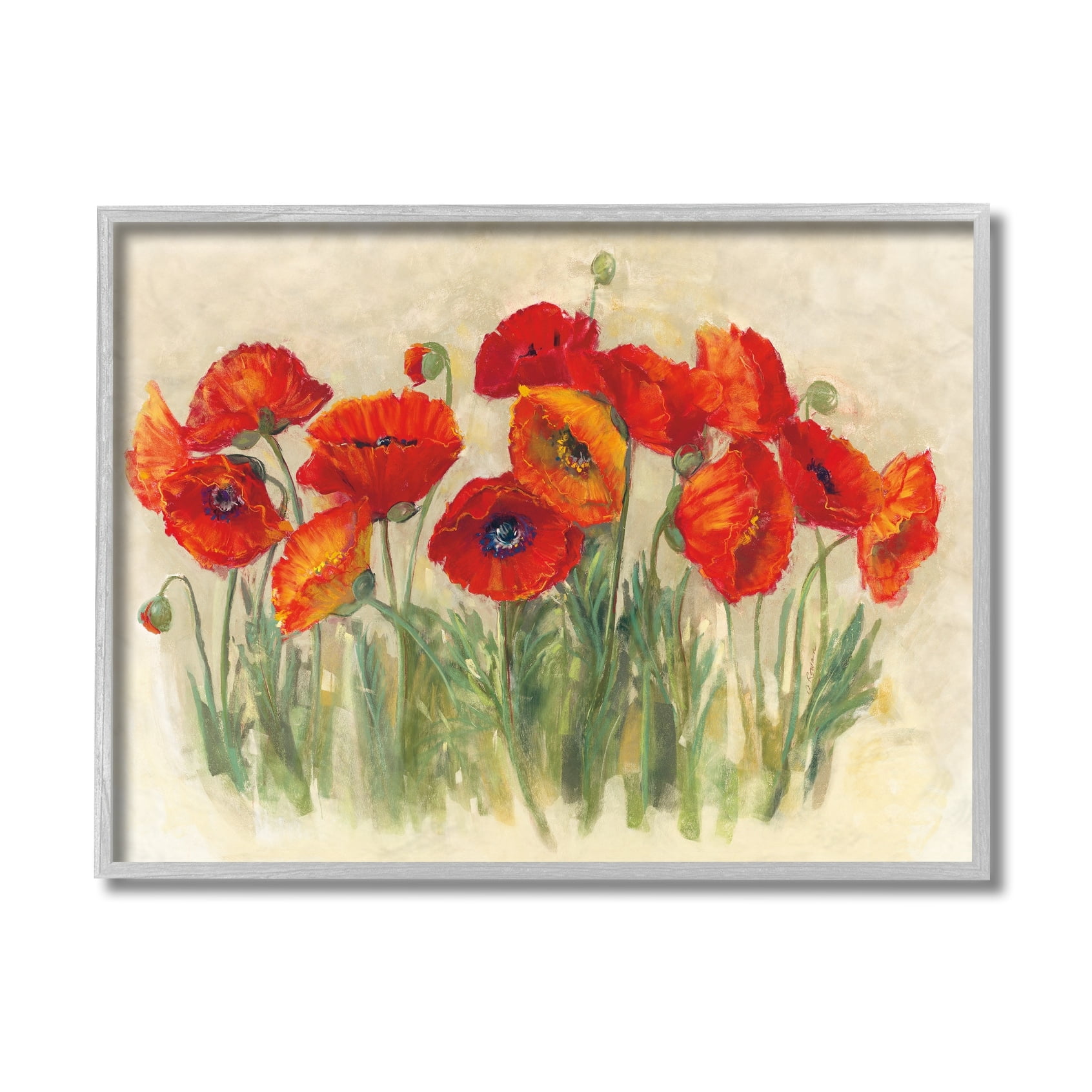 Stupell Industries Red Poppy Florals Soft Green Meadow Grass Grey Framed, 16 x 20, Design by Carol Rowan
