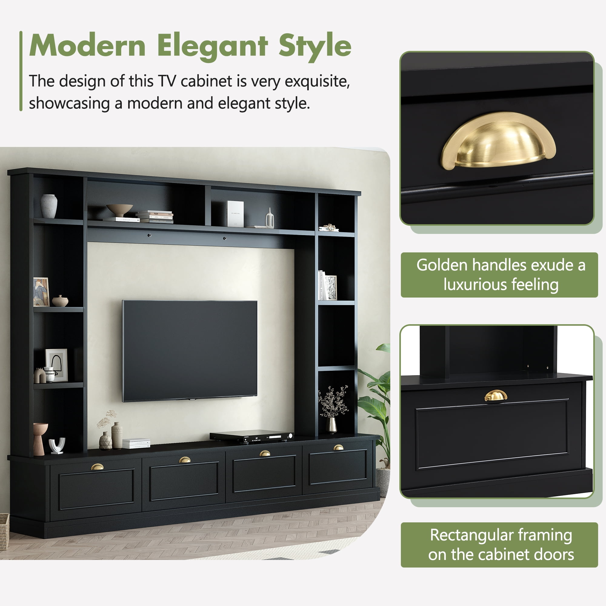 MAYEERTY Large Wall Unit Entertainment Center with Bookshelves for TVs Up to 78'', Modern TV Console with Cabinets and Open Shelves, Black
