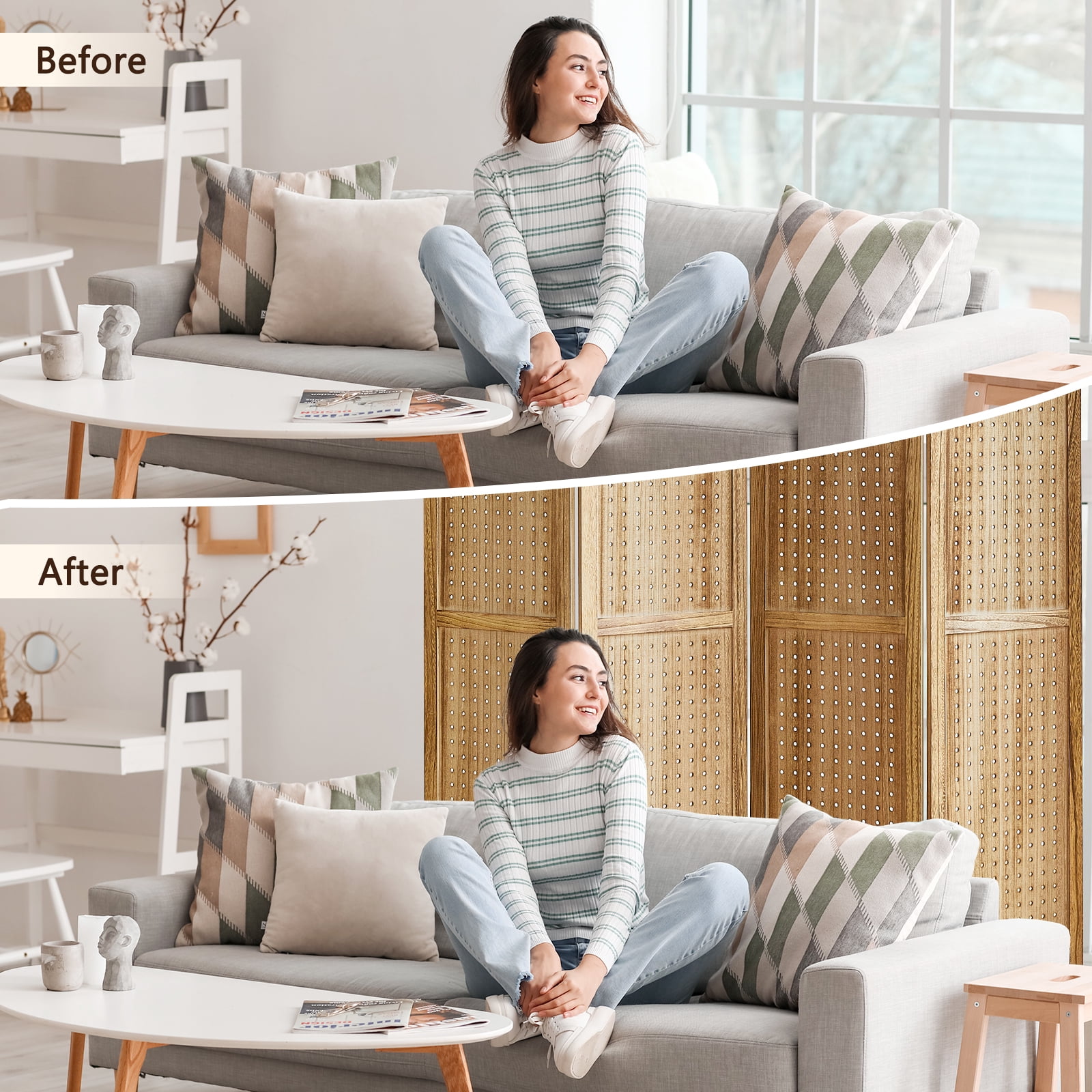 Aletheiawu 4 Panel Display with 16 Hooks, Wood Room Divider Wall, No Installation, Light Brown