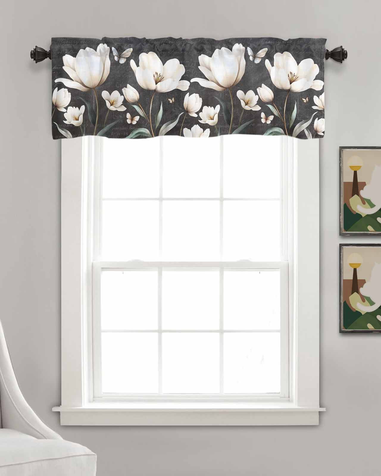 Farmhouse Floral Kitchen Valances for Windows Farmhouse Linen Window Valance Curtain for Living Room Window Treatment Magnolia Flowers Vintage Blackboard Valance Rod Pocket Topper Drape, 60 x 18 Inch