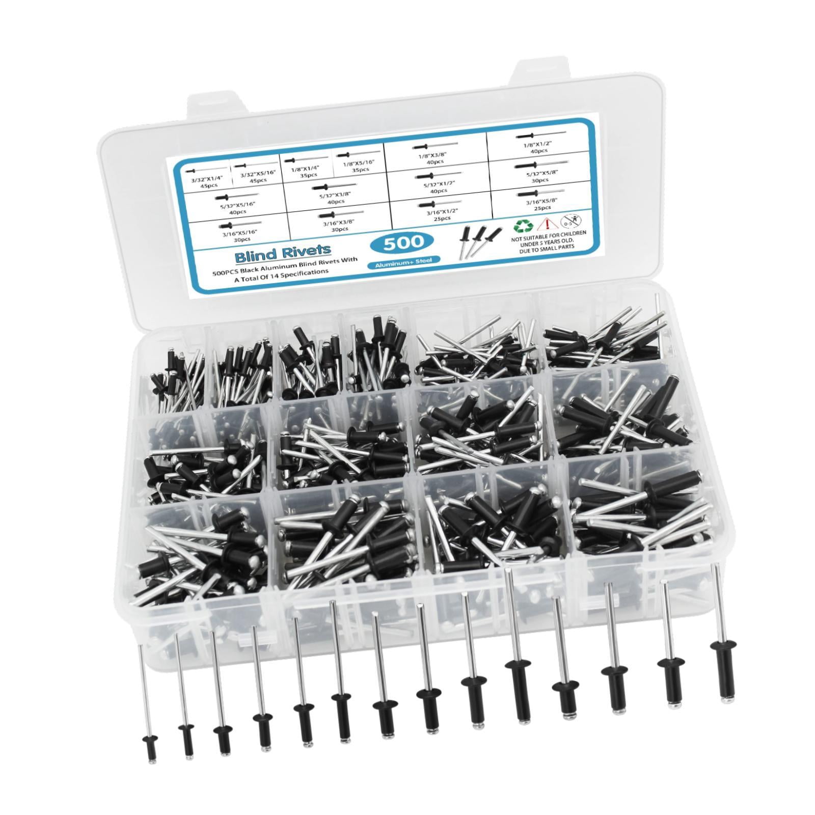 figatia 500Pcs Rivets Aluminum Steel Open End Rivets with Divider Labeled Case Black