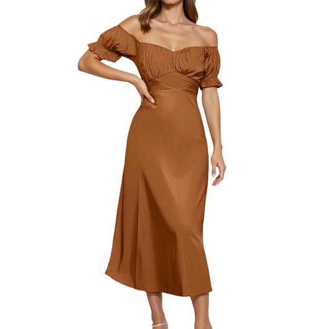 2025 Vestido midi cruzado de satén con hombros descubiertos para mujer - Diseño fruncido para bodas/fiestas - Tejido elástico y ligero con opciones de tallas múltiples