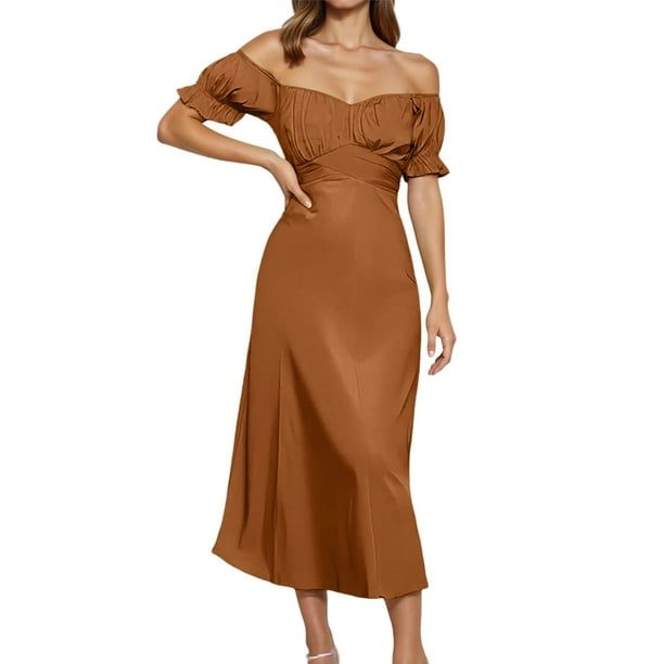 2025 Vestido midi cruzado de satén con hombros descubiertos para mujer - Diseño fruncido para bodas/fiestas - Tejido elástico y ligero con opciones de tallas múltiples