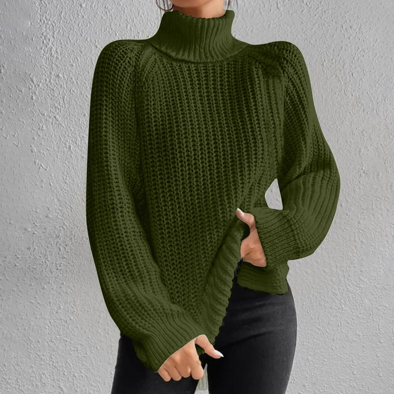 QUYUON Knitted Sweaters for Women Turtleneck Long Sleeve Cable Knit Sweaters  Side Split Hem High Low Tunic Sweater Knitted Pullover Jumper Tops Casual  Loose Winter Warm Sweater Army Green M 
