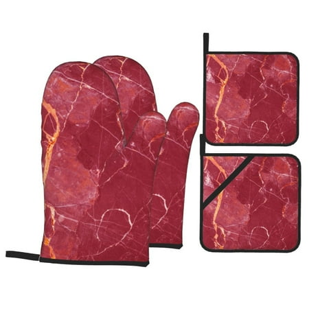 

Oven Mitts and Pot Holders 4 pcs Set Abstract White Red Gold Marble Texture Heat Resistant Pot Holders Oven Mitts for kitchen Non-Slip Hanging Loop Oven Glove Potholders for Baking Cooking