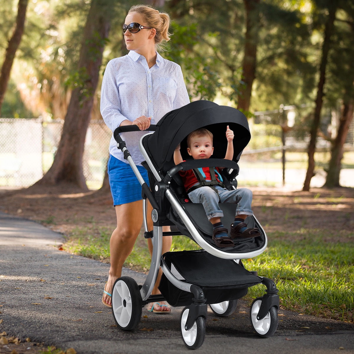 Infans Folding Aluminum Infant Reversible Baby Stroller W/ Diaper Bag Black