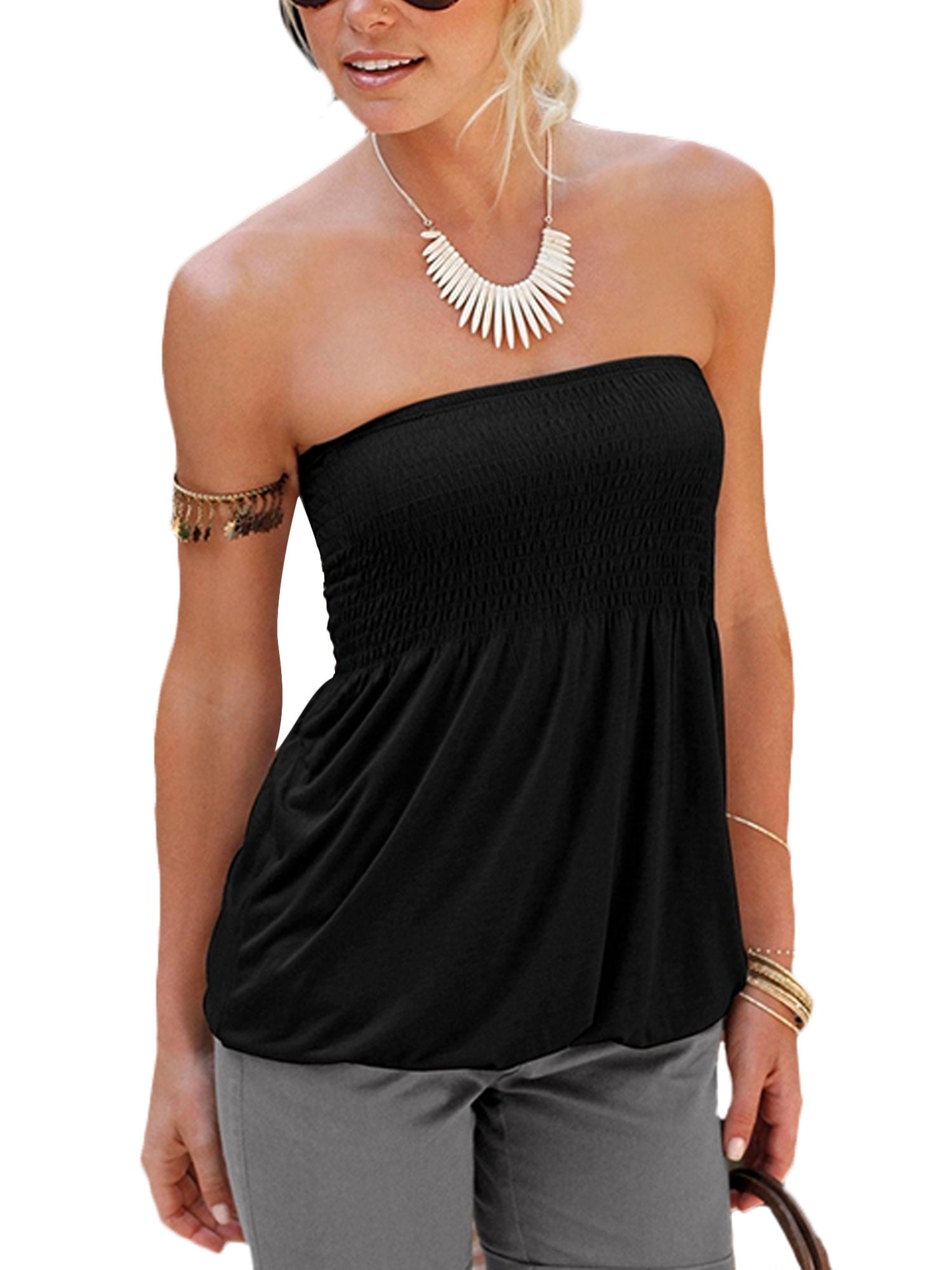 Womens Ladies Plain Ruched Gathered Strapless Bandeau Boob Tube Sleeveless Top 
