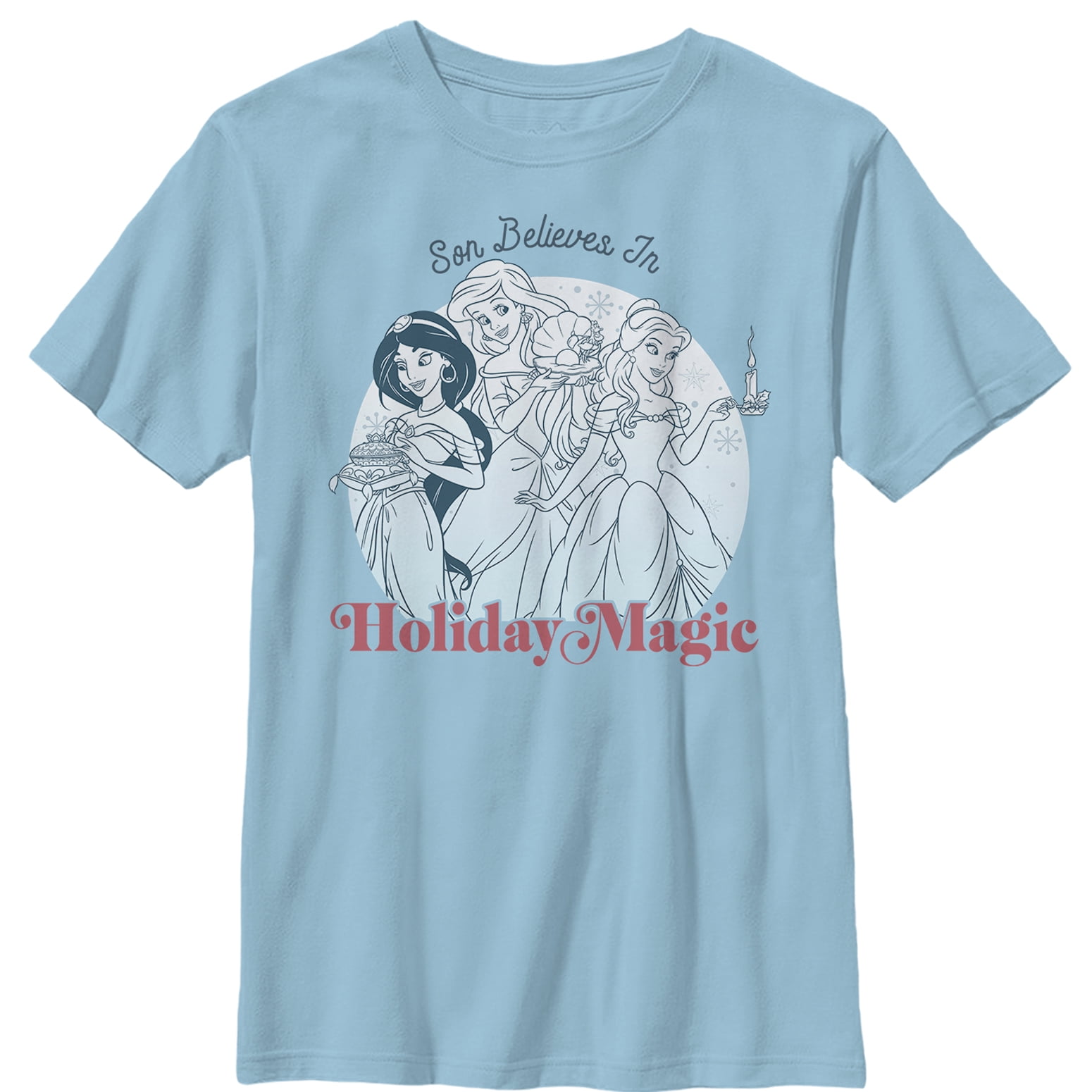 Boy s Disney Princesses Christmas Son Believes in Magic Graphic Tee Light Blue Medium
