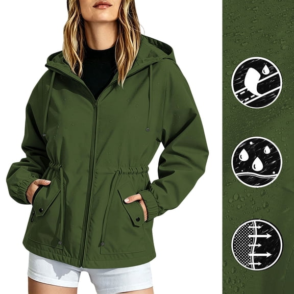 ClodeEU Women's Hooded Cinch Waist Windbreaker Jacket, Lightweight Outdoor Coat with Pockets Army Green,Women's Plus L