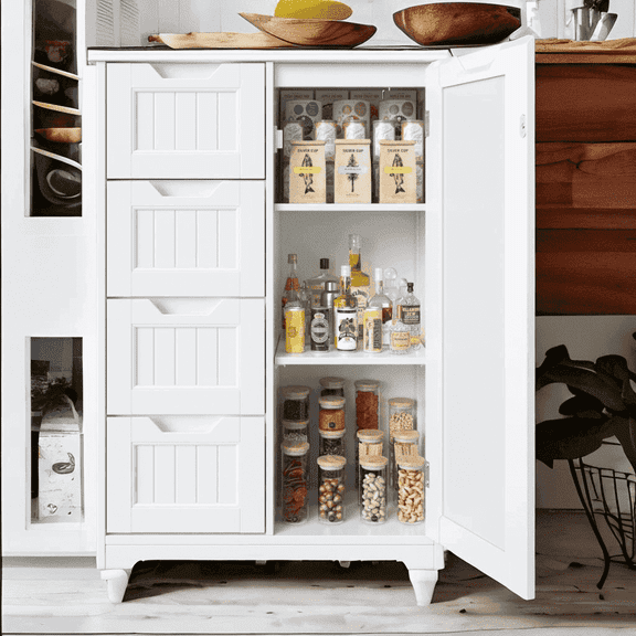 Pantry Storage Cabinet, Lofka 33" White Wood Kitchen Pantry Storage Cabinet with 4 Drawers, 1 Door and 3 Shelves for Dining Room|Bedroom