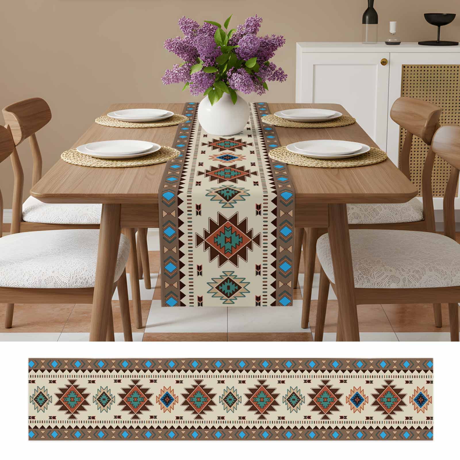 Boho Southwest Table Runner, Farmhouse Aztec Tribe Brown Blue Plaid Washable Cotton Linen Table Runners 90 Inches Long, Dresser Scarf Runner for Dining/Coffee/Kitchen/Hallway Tables 13''x90''