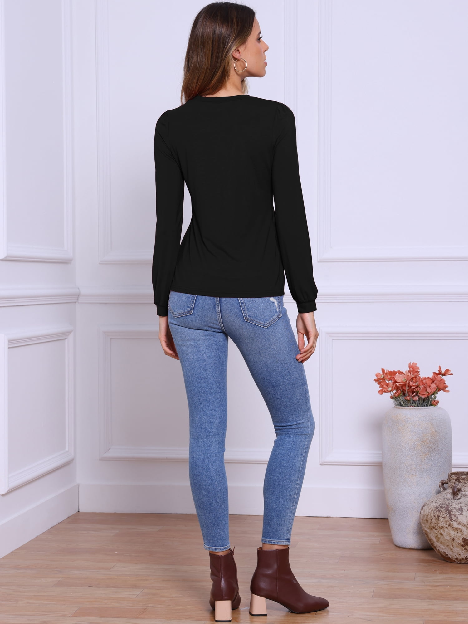 DARING DIVA Women's Pleated Trim Casual Long Sleeve Top M Black