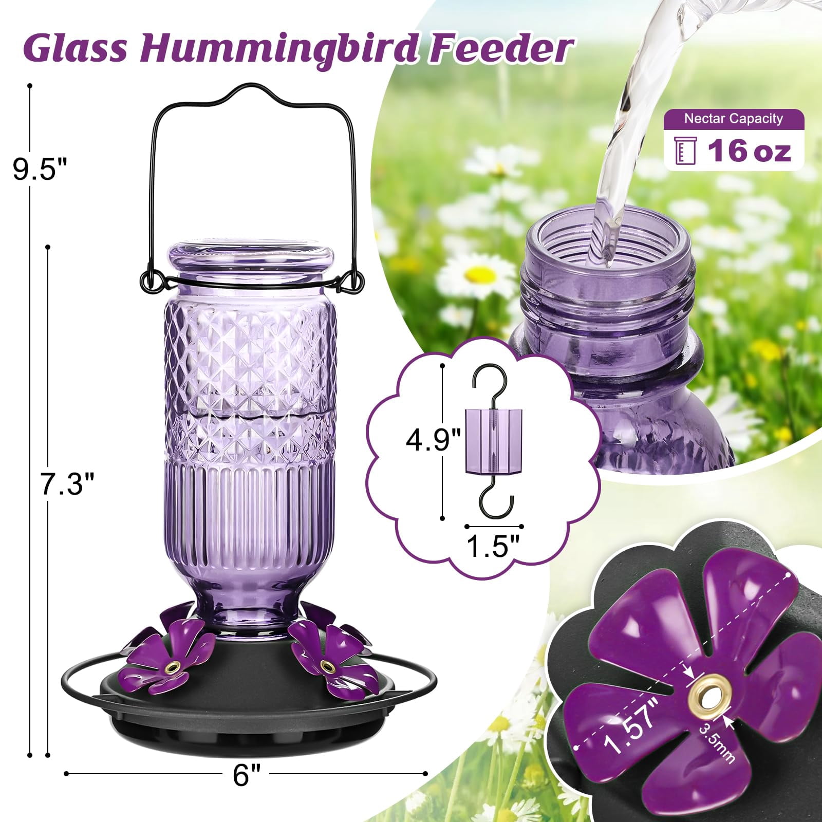 Glass hummingbird feeder, 16 oz outdoor hanging bird feeder with anti-ant trough, 4 bee-proof feeding openings, 360° perch, leak-proof.