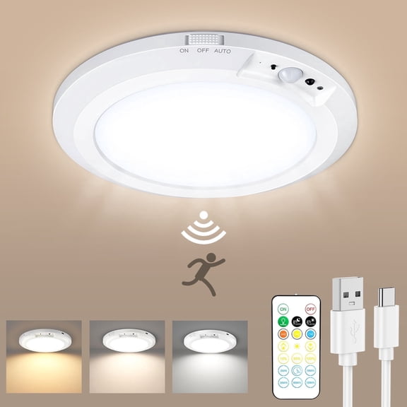 Hootek Rechargeable Motion Sensor Ceiling Light With Remote Control,10000mAh Battery Operated Closet Light,Magnetic Timing LED Shower Lights,Ceiling Lamp for Bathroom Pantry Shed Hallway Porch, White