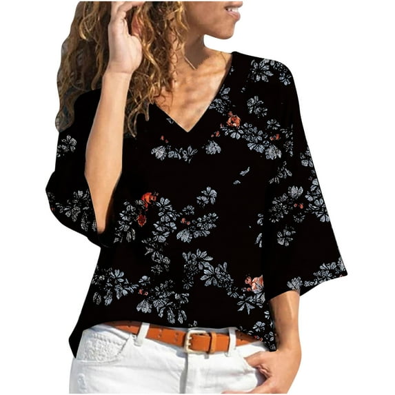 Womens Plus Size Clearance $5,Women Loose Floral Print Three Quarter Sleeve V-Neck T-Shirt Tops Blouse