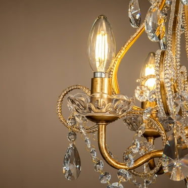 ALOA DECOR 4-Lights Antique Gold Candlestick Chandelier 13in. Pendant Light with Crystal Teardrop Beads - 13 inches